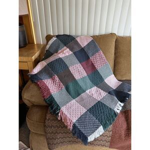 Country Throw Blanket Blue/Green/Red Fringe Size 43 X 68 Inches, Cozy